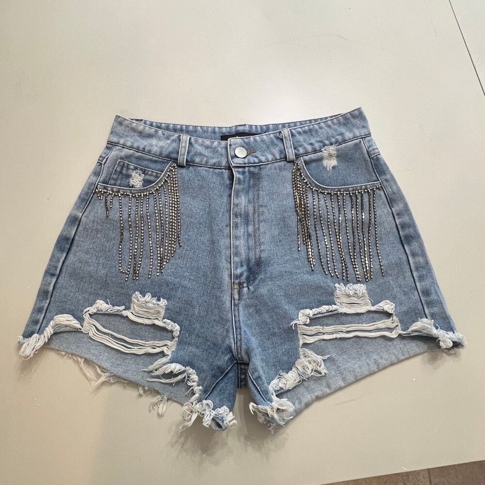 Blue B Women's Distressed Rhinestone Fringe Denim Shorts Light Blue Wash Small